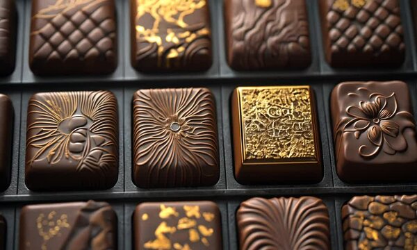 A close-up of assorted chocolates with intricate designs and a golden piece in the center.