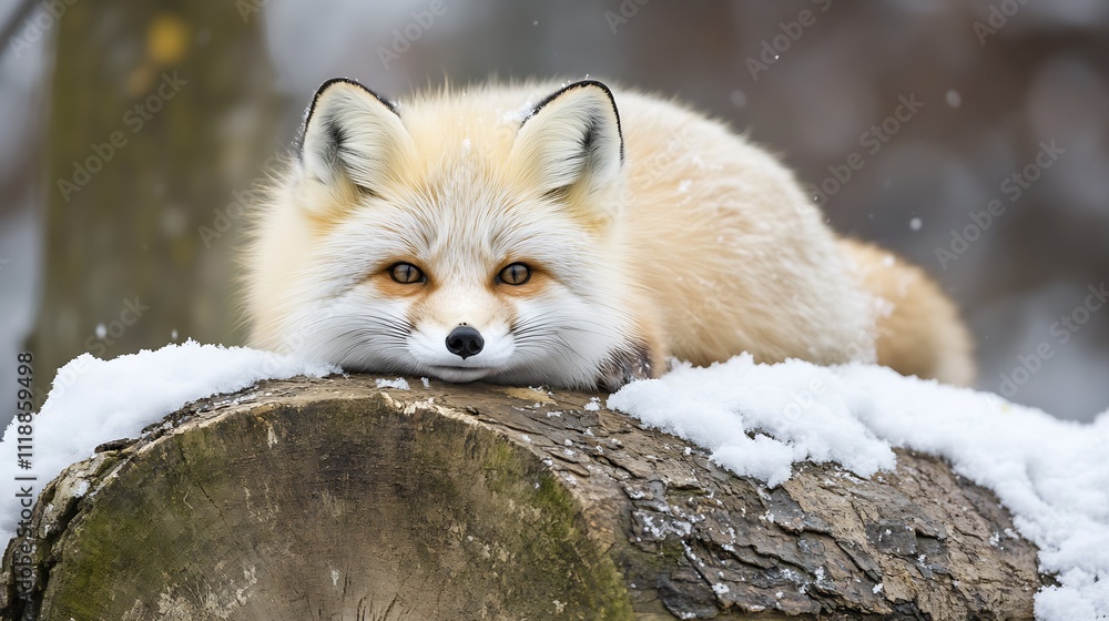 Poster playful arctic fox on snowdusted log in winter woodland setting : generative ai
