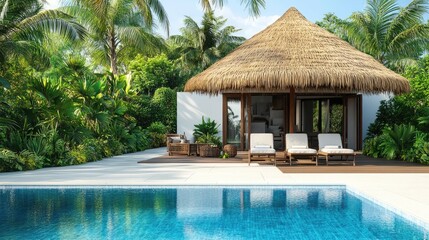 Tropical Villa with thatched roof and swimming pool in paradise