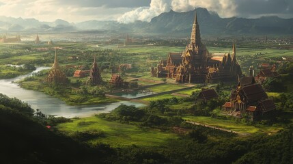 Majestic Ancient Temple Complex Surrounded by Lush Green Landscape