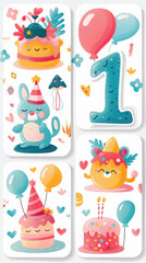 Naklejka premium Colorful birthday celebration stickers with cute animals and balloons for party decor