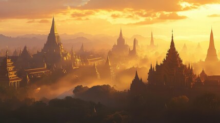 Misty Sunrise Over Ancient Temples and Pagodas in Serene Landscape