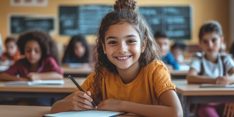 A young student smiling, sitting at a desk in a classroom with pen and paper. Education theme.
