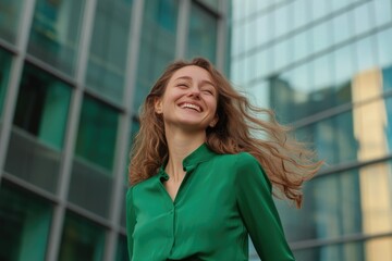 Fototapeta premium Young woman with long hair and green blouse, smiling at camera with office buildings behind her.