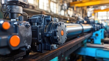 Obraz premium Industrial Hydraulic System with Pump and Cylinder in Workshop