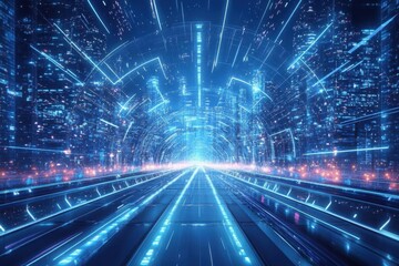 Futuristic tunnel with glowing lines and cityscape backdrop.