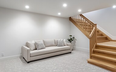 Modern basement with sofa, stairs, and neutral decor.