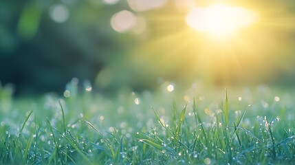 Obraz premium Morning Dew and Sunlight on Green Grass Capturing Freshness and Tranquility : Generative AI