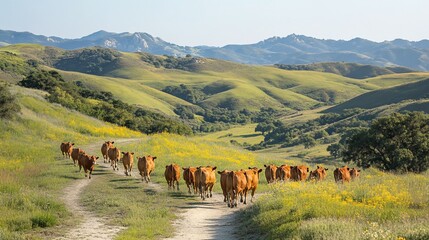 Fototapeta premium Herd of red cattle walking on a dirt road through a green valley.