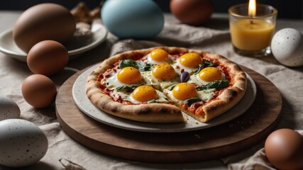Fototapeta premium Easter celebration with pizza and colorful eggs