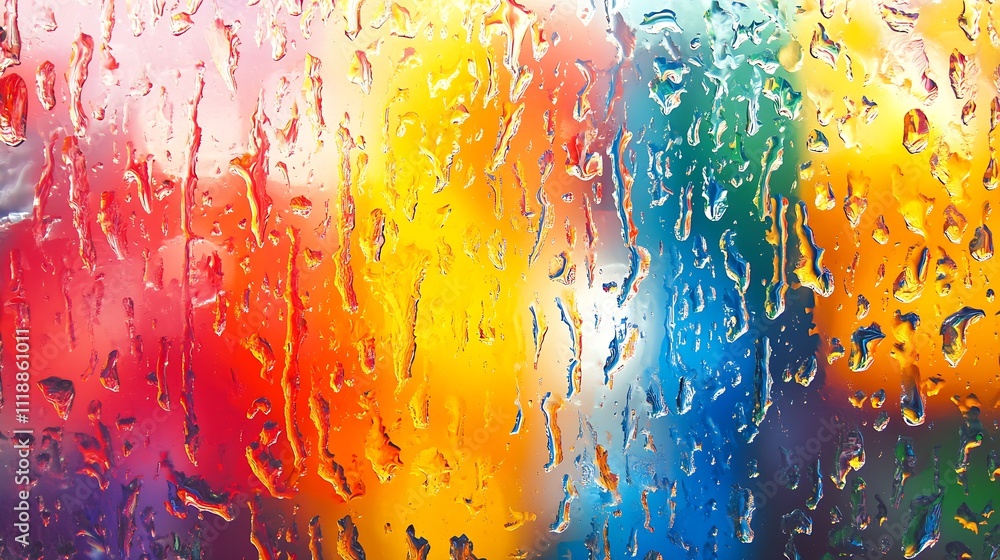 Poster Vibrant rainbow colors behind glass with water droplets creating a dynamic look : Generative AI