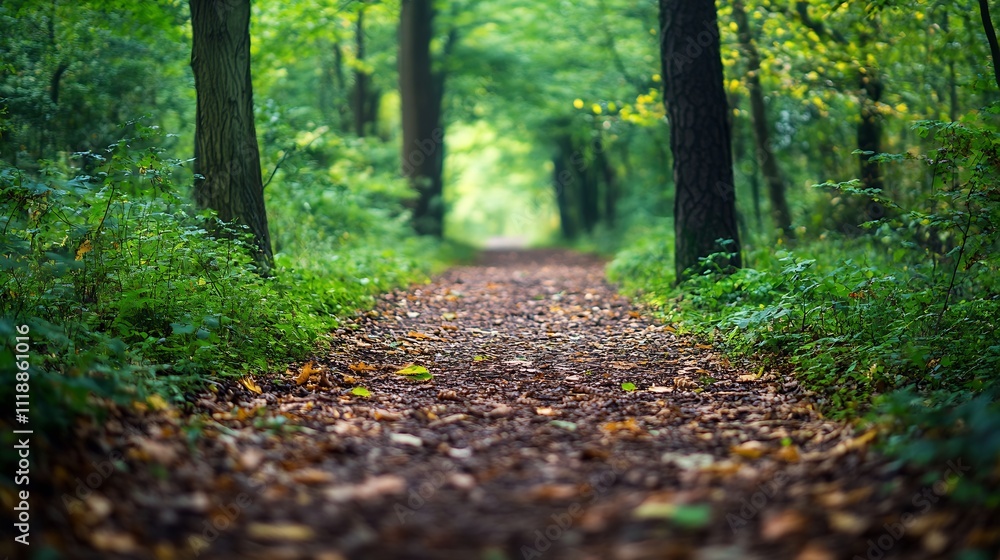 Aufkleber Lush Greenery Pathway in Dense Forested Nature Setting During Autumn : Generative AI