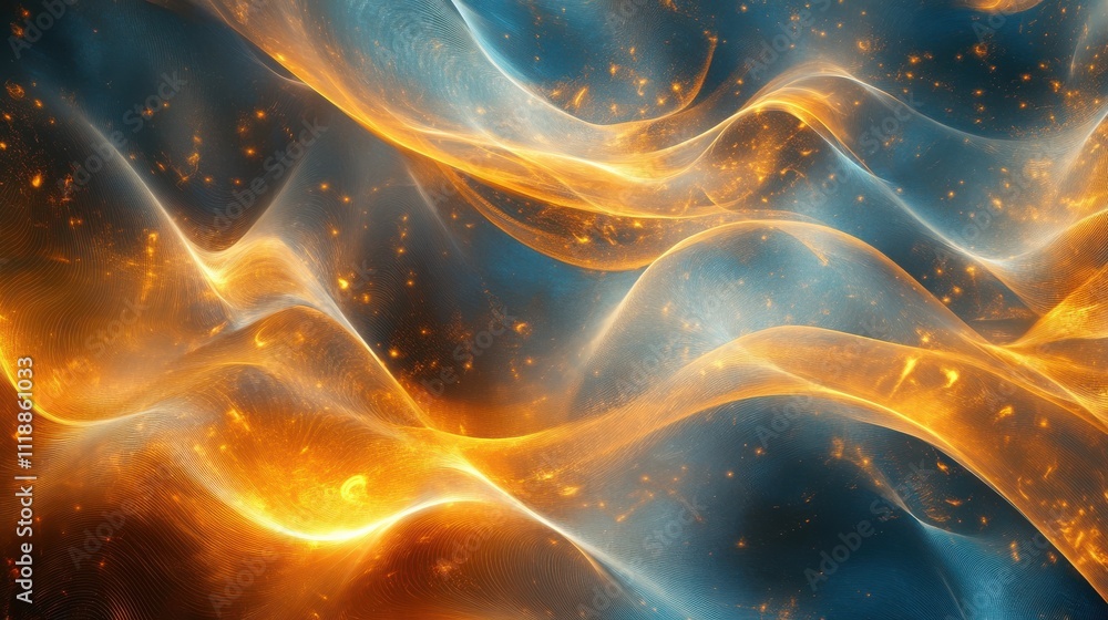 Poster abstract wave patterns in blue and orange with sparkling texture