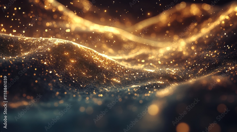 Poster shimmering gold particles on dark background with depth and texture
