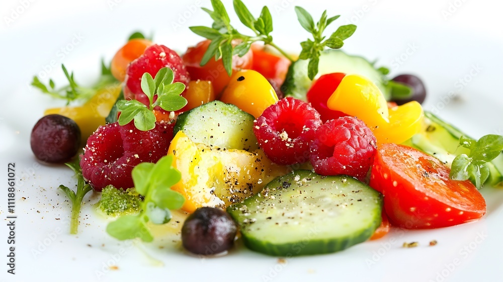 Poster fresh colorful salad with berries and vegetables on white plate : generative ai
