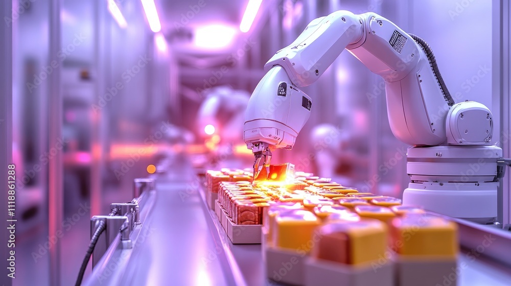Poster robotic arm handling boxes in modern automated factory environment