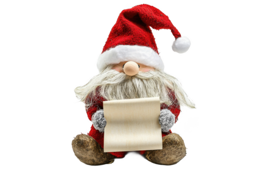 A charming Christmas gnome with a long red hat and fluffy beard is holding a letter. The figure exudes warmth, joy, and holiday magic, making it perfect for festive season decor.