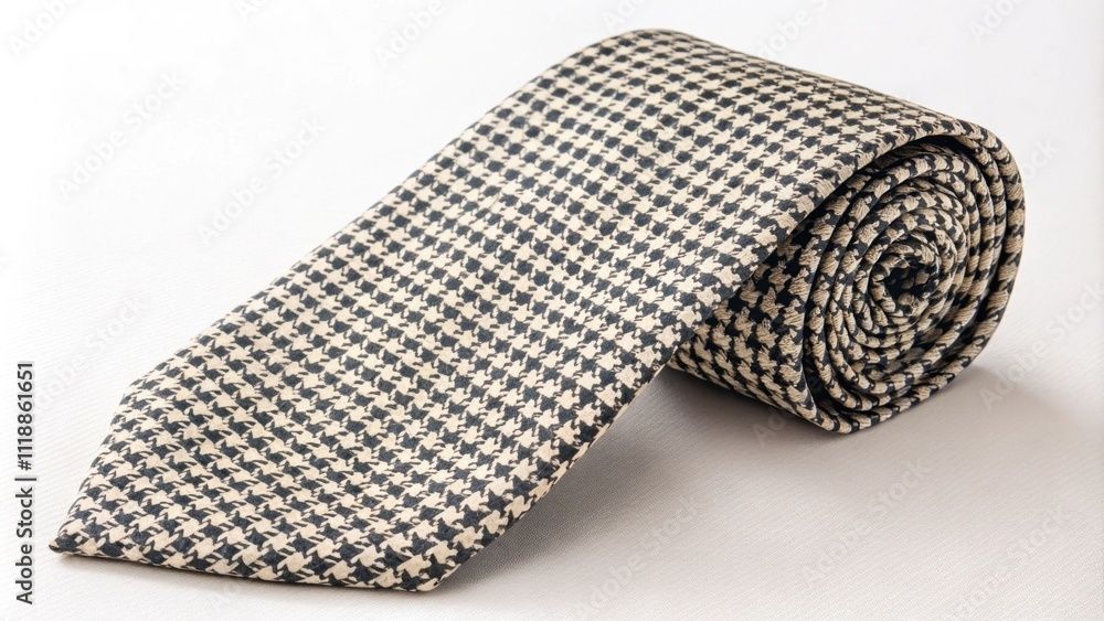 Poster rolled up tie with houndstooth pattern lying on a white background, creating an elegant and stylish 