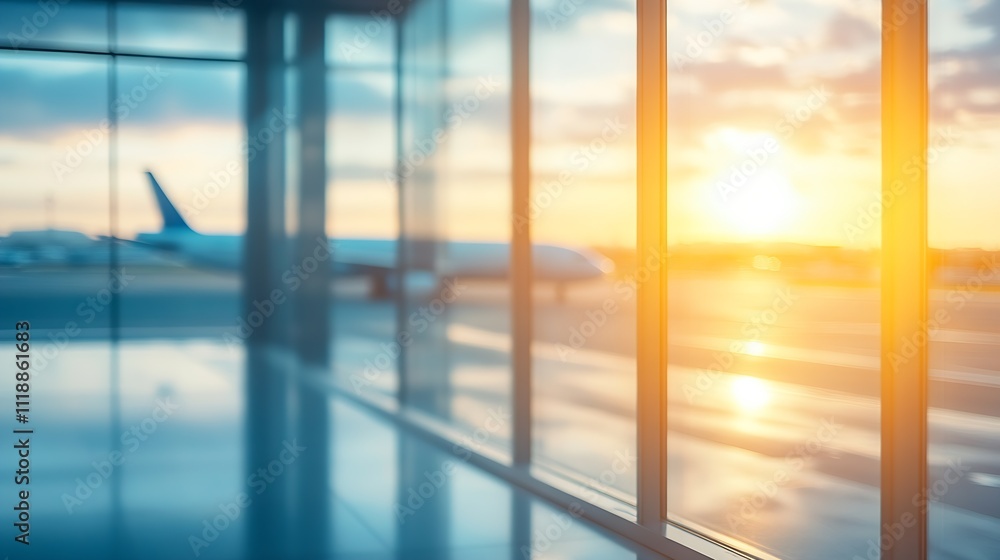 Poster reflection of airplane and sunset in modern airport terminal windows : generative ai