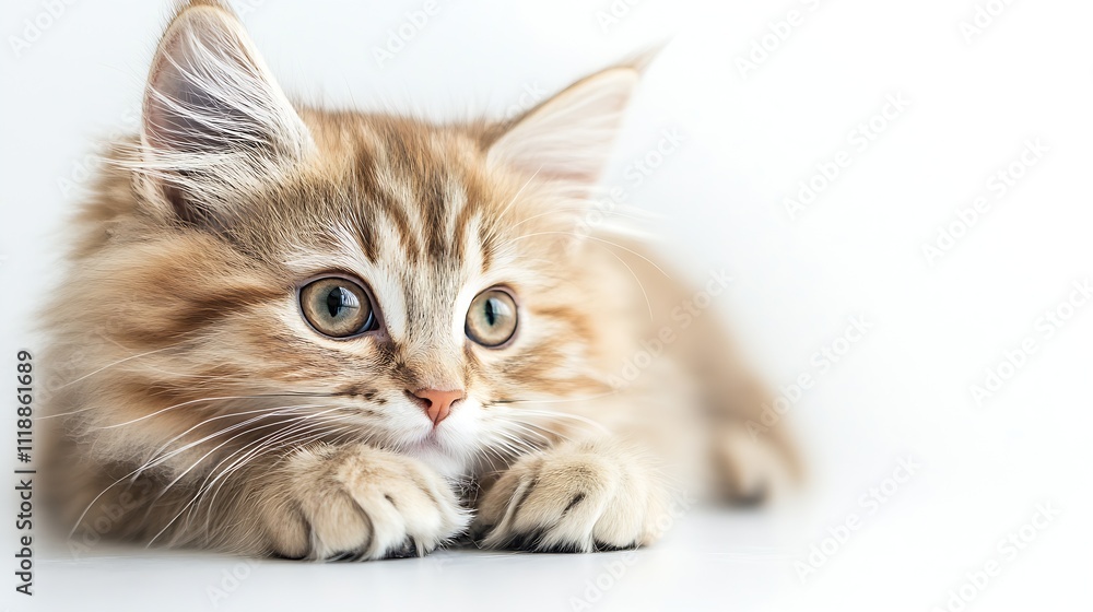 Aufkleber adorable fluffy kitten with striking eyes posing on elegant white background : generative ai