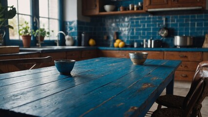 Empty blue wooden table with blurred kitchen ingredients