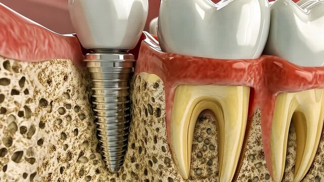 This close-up showcases a dental implant in the jawbone, highlighting advanced dental technology. The image reflects precision in medical aesthetics, emphasizing the blend of biology and engineering.