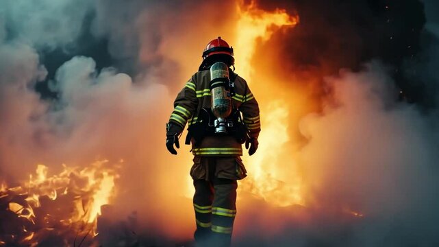 A brave firefighter stands resolute amid towering flames and thick smoke, demonstrating courage in the face of a massive outdoor fire. The situation is chaotic yet heroic.