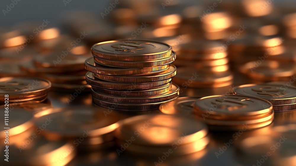 Poster stack of shiny copper coins on reflective surface close up : generative ai