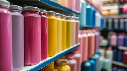 Colorful shelves of paint jars in a store showcasing vibrant shades for creative art projects : Generative AI