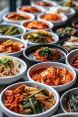 Fototapeta premium Table full of Asian food, including many bowls of kimchi. The bowls are arranged in a row, with some bowls closer to the front and others further back