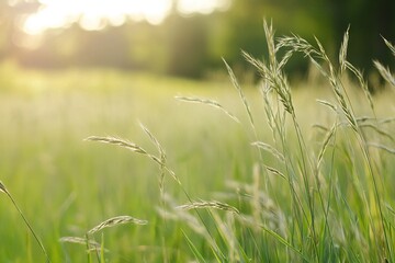 Soft sunlight illuminating waving grass in a tranquil meadow during early morning hours