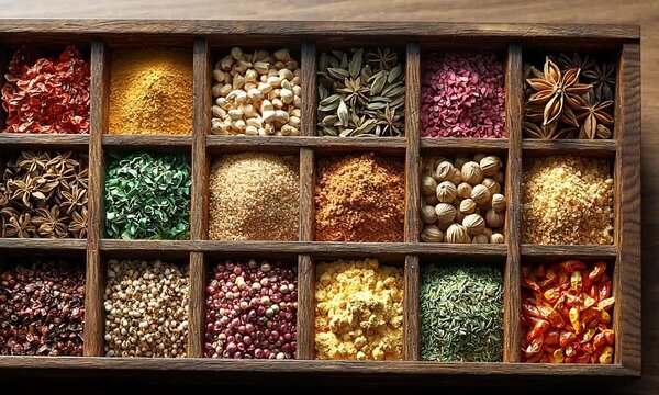 A wooden spice rack filled with various colorful spices and herbs arranged in compartments.