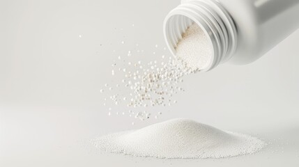 Pharmaceuticals being poured into a pill bottle from a powder container. Medical and healthcare concept.