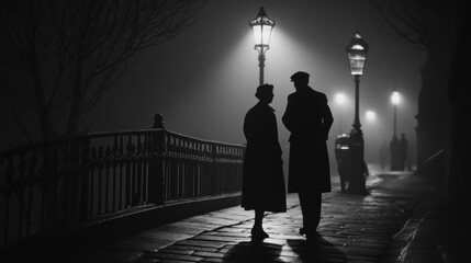 Silhouettes of a Couple Under Streetlights in Foggy Night