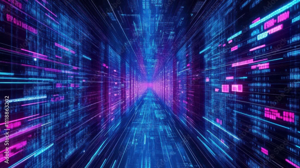 Poster futuristic data stream with neon lights in a virtual environment