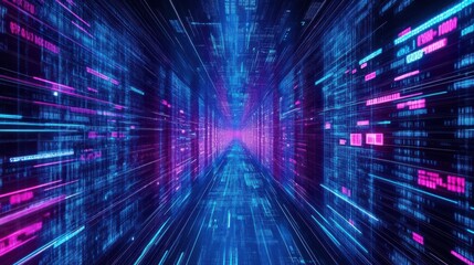 Futuristic Data Stream with Neon Lights in a Virtual Environment