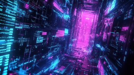 Futuristic Data Tunnel with Vibrant Neon Lights and Abstract Patterns