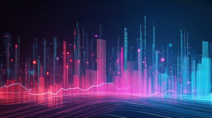 Abstract Digital Cityscape with Neon Lights and Colorful Effects