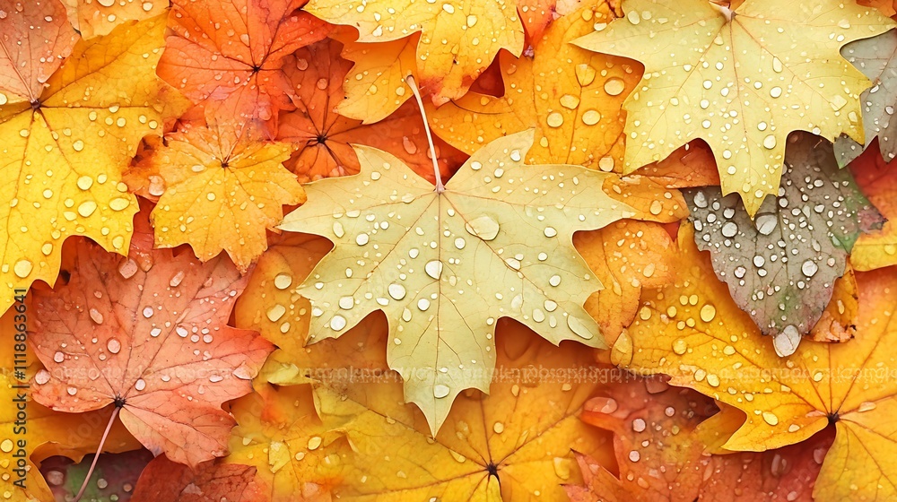 Aufkleber vibrant autumn leaves with dewdrops for seasonal background or design projects : generative ai
