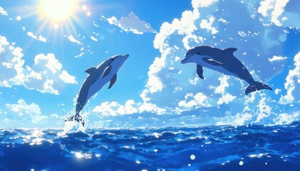 Two dolphins leap from the ocean under a bright, sunny sky.