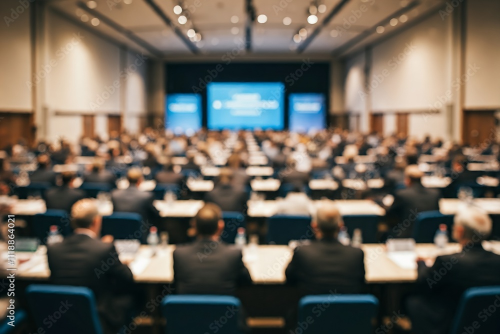 Poster blurry image of a large conference room with many attendees seated at tables.