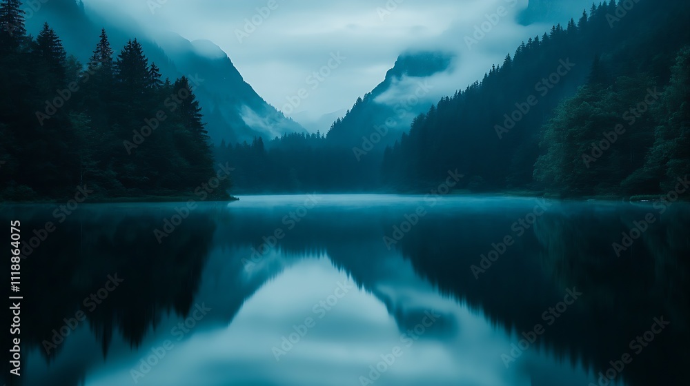 Aufkleber breathtaking misty mountain lake reflected in serene waters at twilight : generative ai