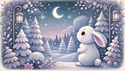 Obraz premium A Peaceful Winter Night with a Rabbit Gazing into a Soft, Snowy Landscape Under a Starlit Sky in Storybook Style