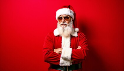 Santa Claus stands confidently wearing stylish sunglasses against a bright red background, embodying a cool and modern holiday spirit. Perfect image for holiday promotions or contemporary Christmas th