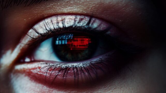 Close-up of human eye with futuristic digital interface reflection