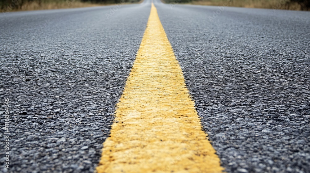 Aufkleber single yellow line trailing into distance on grey asphalt road serene journey in tranquil setting : 