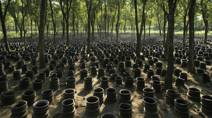 A landscape filled with black rubber tires among trees, creating a unique scene.