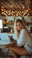  casual photograph of a blonde woman with blue eyes working and studying on her laptop at home, connected to the internet and social media, captures a modern remote work background warm lights