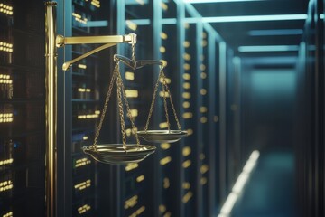 Scales of justice are overlaid on a data center background, signifying the importance of digital ethics.