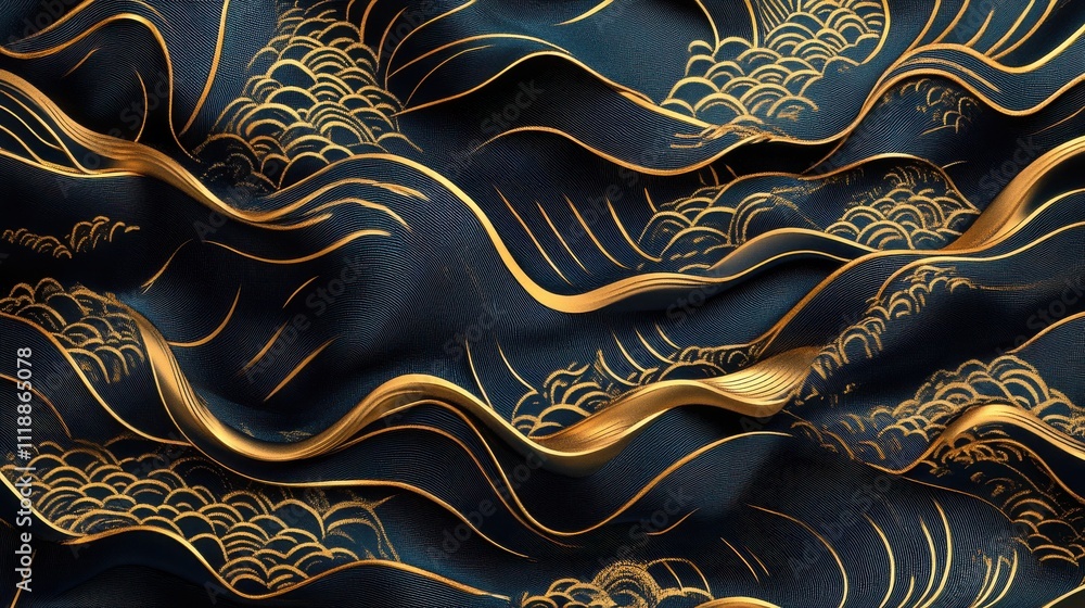 Poster elegant dark fabric with golden waves and intricate patterns